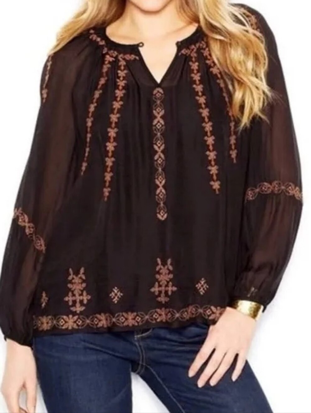 LUCKY BRAND size XS Long Sleeve Sheer Embroidered Keyhole Western Blouse Black